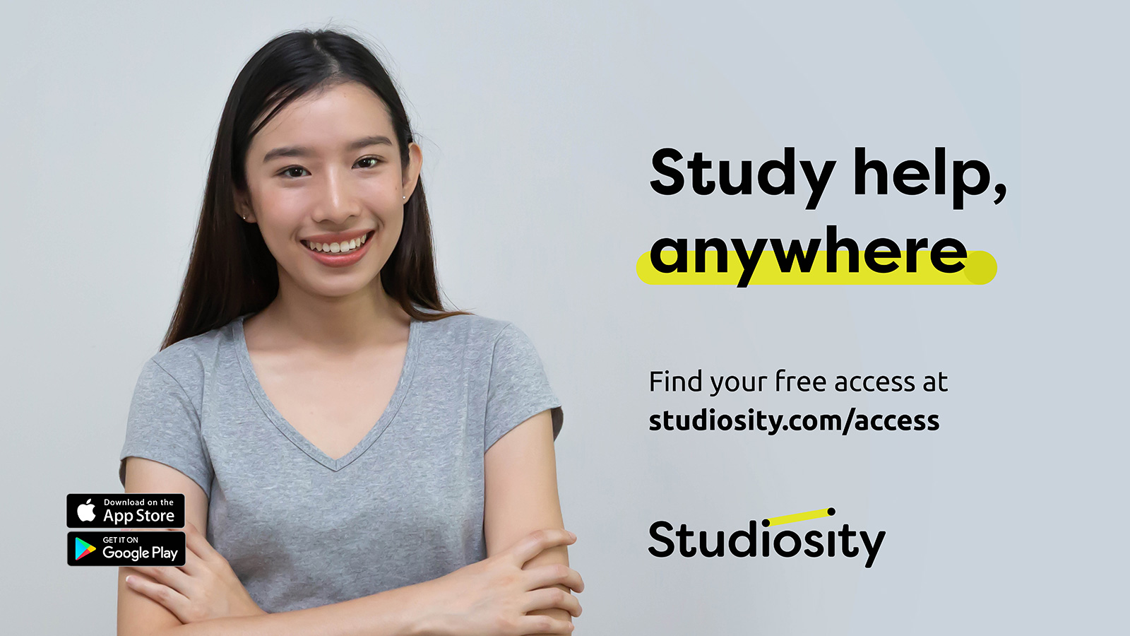 A student smiling next to the text 'study help, anywhere' and the URL studiosity.com/access